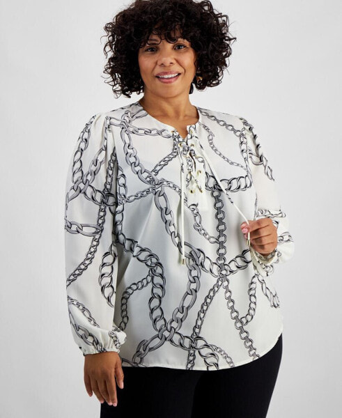 Plus Size Chain-Print Lace-Up-Neck Top, Created for Macy's