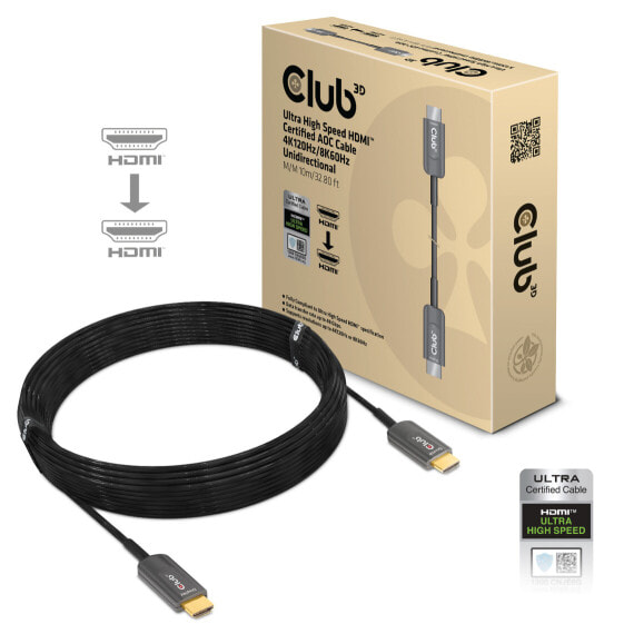 Club 3D Ultra High Speed HDMI™ Certified AOC Cable 4K120Hz/8K60Hz Unidirectional M/M 10m/32.80ft, 10 m, HDMI Type A (Standard), HDMI Type A (Standard), 48 Gbit/s, Audio Return Channel (ARC), Black