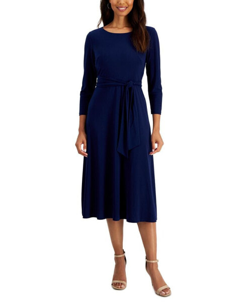 Women's Belted 3/4-Sleeve A-Line Midi Dress