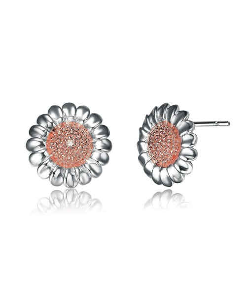 Sterling Silver Cubic Zirconia Two Tone Sunflower Earrings