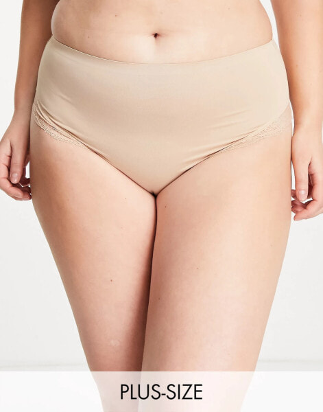 New Look Curve lace detail highwaist brief in tan