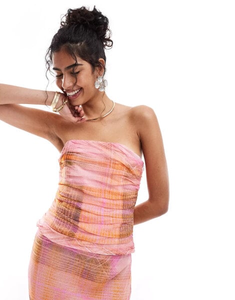 Mango check bandeau co-ord top in pink and orange