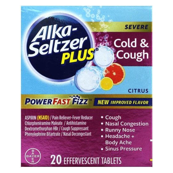 Эффервесцентные таблетки от гриппа и простуды Alka-Seltzer Plus Power Fast Fizz, Кашель и насморк сильный, Цитрусовые, 20 шт.