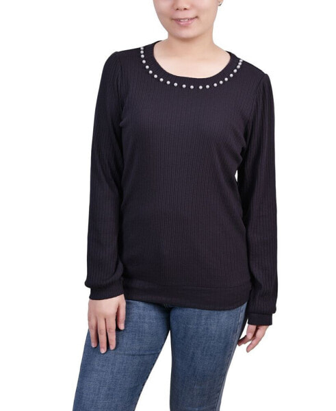 Petite Long Sleeve Ribbed Imitation Pearl Trimmed Top