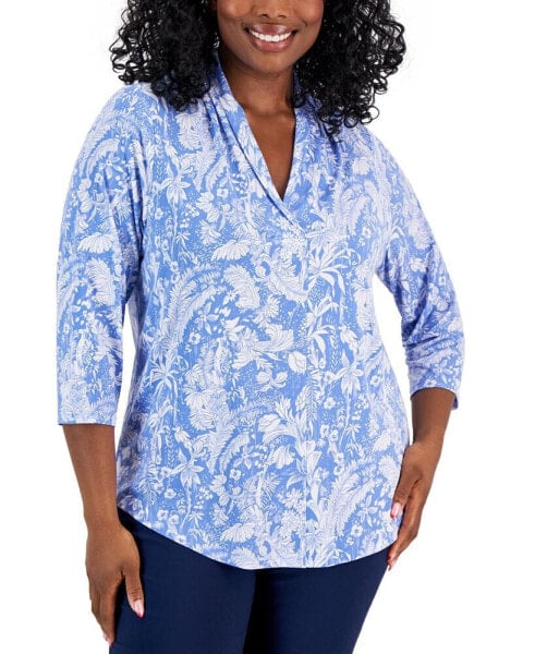Plus Size Floral-Print Front-Pleat Top, Created for Macy's