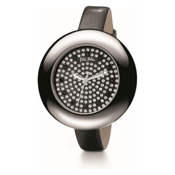 Жеснкие часы аналоговые кругые со стразами на циферблате черный браслет Folli Follie