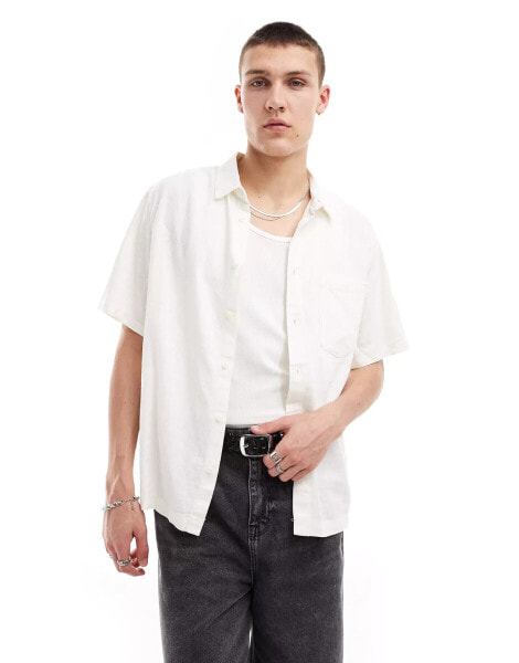 Weekday relaxed fit linen blend short sleeve shirt in off-white