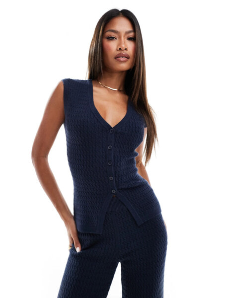 Kaiia fine cable knit sleeveless button through waistcoat co-ord in navy