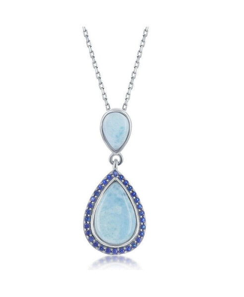 Sterling Silver Double Pear-Shaped Larimar with Sapphire CZ Necklace