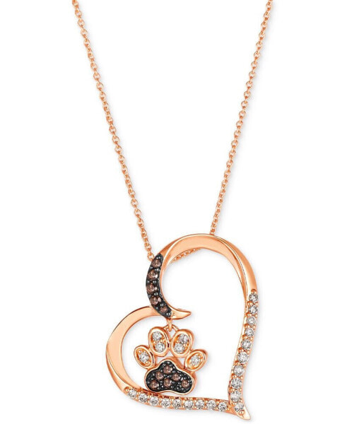 Nude Diamond (1/4 ct. t.w.) & Chocolate Diamond (1/10 ct. t.w.) Paw Print Heart Pendant Necklace in 14k Rose Gold, 18" + 2" extender