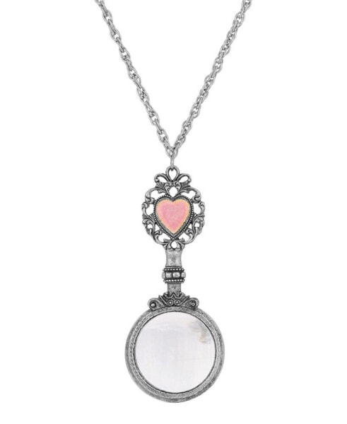 2028 pewter Pink Heart Magnifying Glass Pendant Necklace