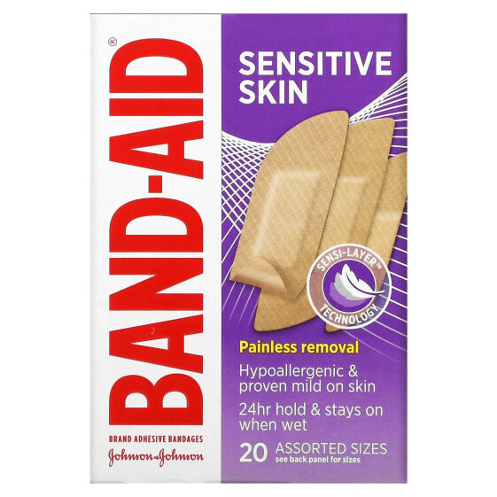 Adhesive Bandages, Sensitive Skin, Assorted Sizes, 20 Bandages