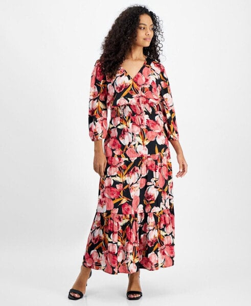 Petite V-Neck Smocked-Waist Tiered Maxi Dress