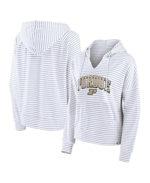 Women's White/Gray Purdue Boilermakers Arch Logo Striped Notch Neck Pullover Hoodie