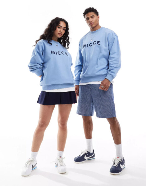 Nicce unisex wave sweatshirt in light blue with chest print and contrast stitch