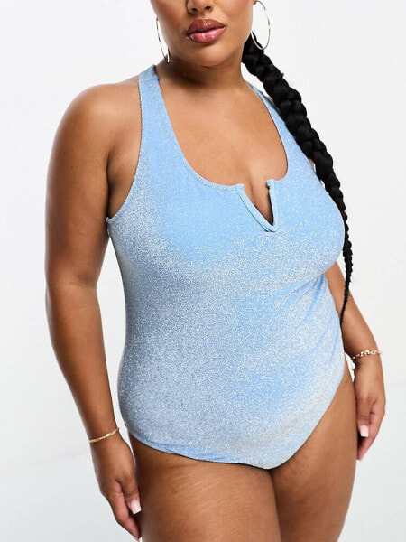 Pieces Curve exclusive glitter cross back plunge swimsuit in blue