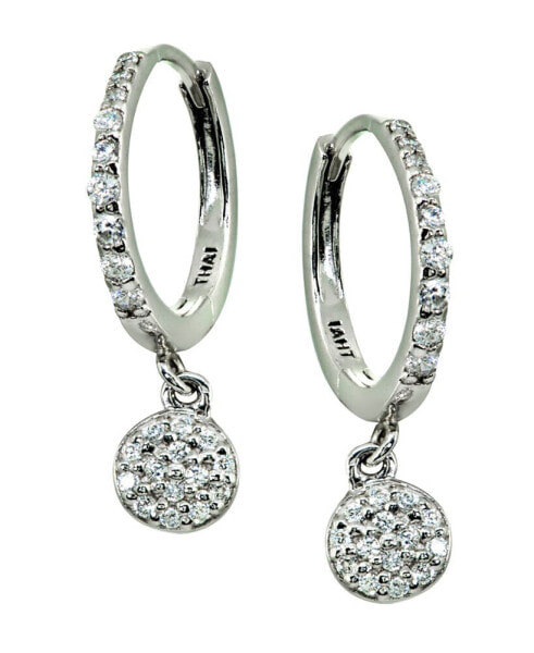 Pavé Cubic Zirconia Disc Charm Drop Huggie Hoop Earring in Sterling Silver