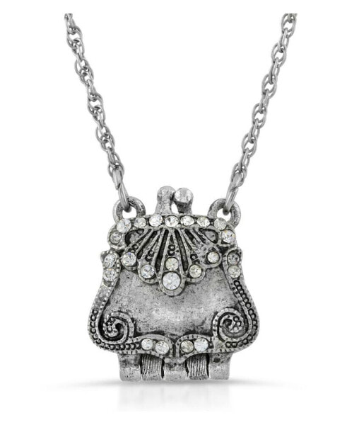 Silver-Tone with Crystal Accents Purse Locket Necklace