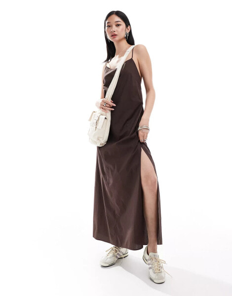 Monki maxi dress with strappy open back and split leg in dark brown