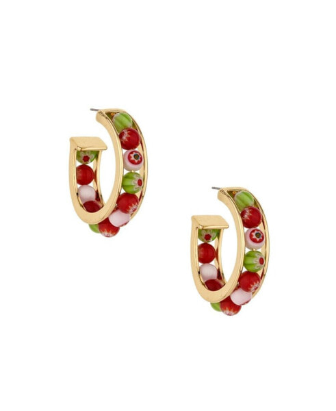 Green and Red Glass Beaded Hoop Earrings