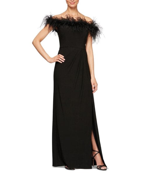 Faux-Feather Off-The-Shoulder Gown