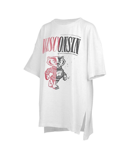 Women's White Distressed Wisconsin Badgers Lickety-Split Oversized T-shirt