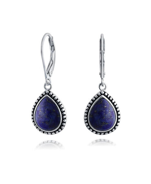 Western Style Blue Natural Lapis Lazuli Pear Shaped Teardrop Lever Back Dangle Drop Earrings For Women Oxidized Sterling Silver