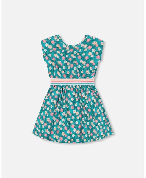 Girl Striped Elastic Waist Viscose Dress Turquoise Printed - Child