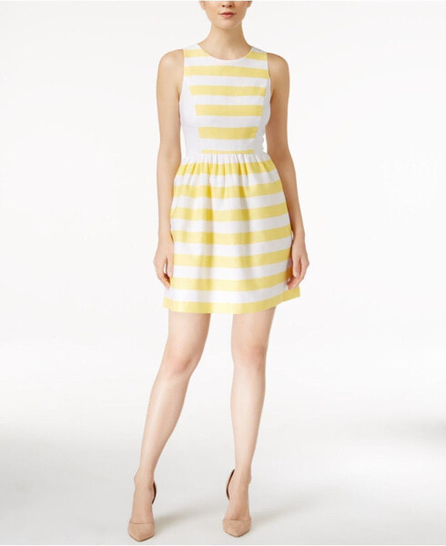 kensie Striped Women's Colorblocked Fit Flare Dress Canary White L