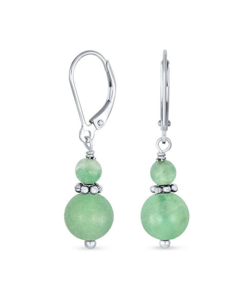 Gemstone Natural Green Aventurine Boho Bali Milgrain Edged Beaded Rondel Separator Double Ball Round Drop Dangle Earrings Sterling Silver Lever back