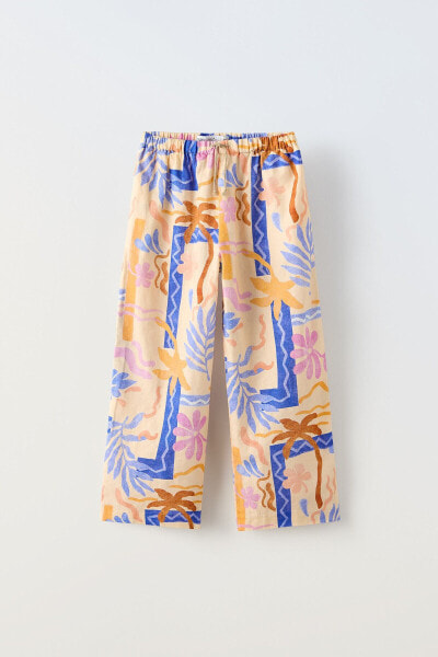 Printed linen blend trousers