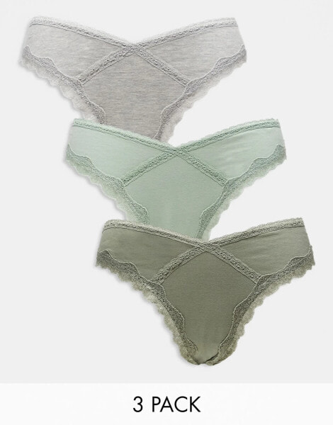 ASOS DESIGN Curve Viv 3 pack high leg brazilian brief with lace trim in sage, khaki & grey