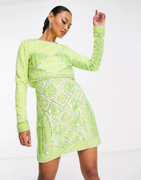 ASOS DESIGN – Minikleid in Limettengrün mit 2-in-1-Design, abnehmbarem Oberteil und Paillettenverzierung