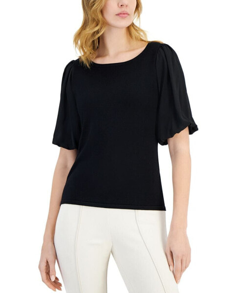 Women's Mixed-Media Bubble-Sleeve Boat-Neck Sweater