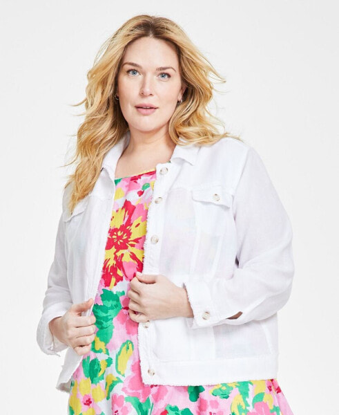 Plus Size Linen Fringe-Trim Button-Up Jacket, Created for Macy's