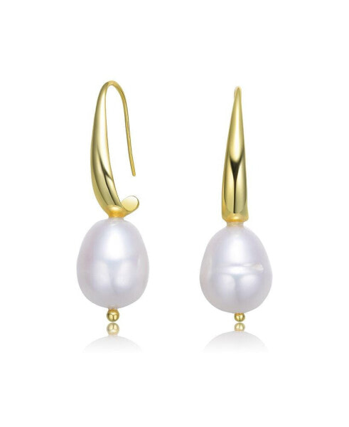 Classy Sterling Silver with 14K Gold Plating and Genuine Freshwater Pearl Dangling Earrings