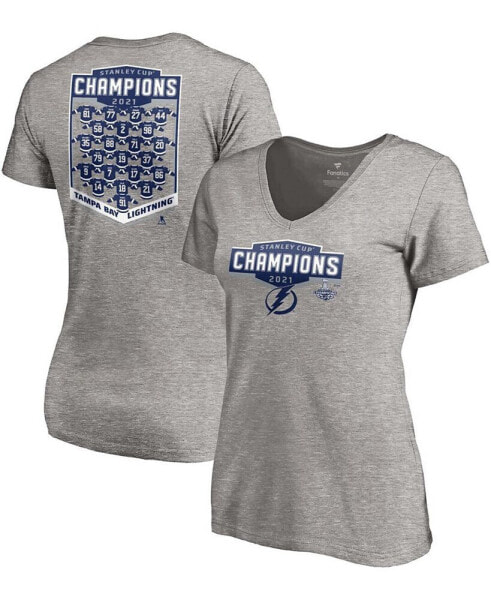 Women's Heather Gray Tampa Bay Lightning 2021 Stanley Cup Champions Jersey Roster V-Neck T-shirt
