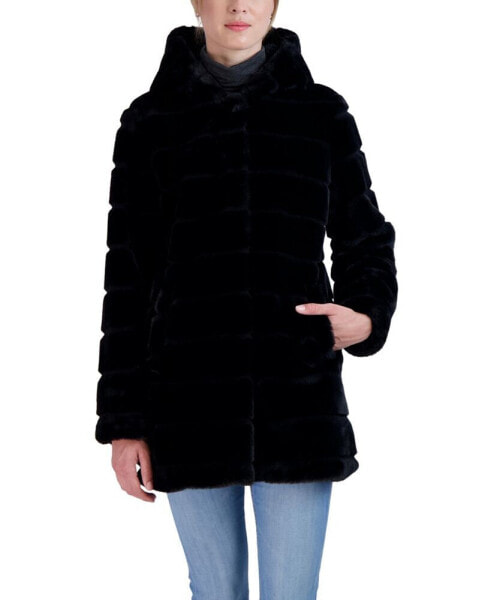 Women's Hooded Grooved Faux Fur Coat
