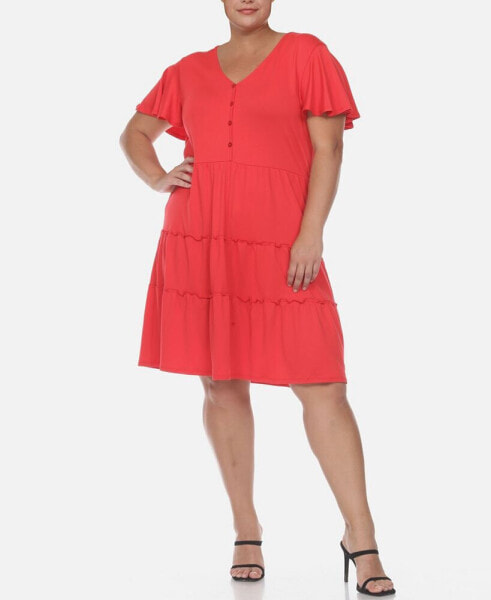 Plus Size Short Sleeve V-neck Tiered Midi Dress