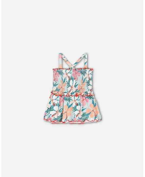 Girl Sleeveless Smocked Top Blue Printed Beach Hibiscus - Toddler|Child