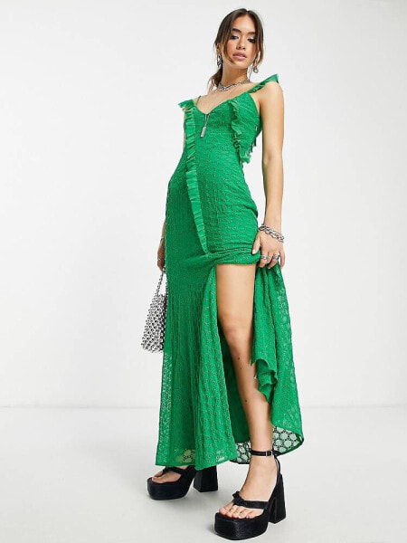 ASOS DESIGN raw edge chiffon broderie cami maxi dress in green