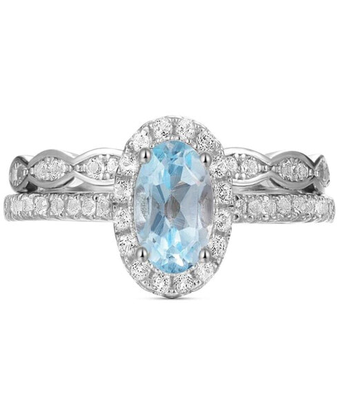 2-Pc. Set Sky Blue Topaz (1 ct. t.w.) & White Topaz (1/4 ct. t.w.) Halo Ring & Fitted Band in Gold-Plated Sterling Silver (Also in Amethyst)