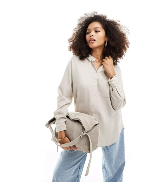 Vero Moda linen blend long sleeved shirt in stone