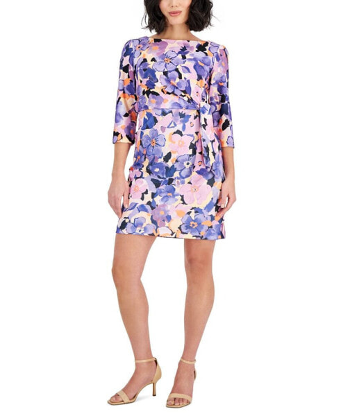 Petite Printed Elbow-Sleeve Side-Twist Dress