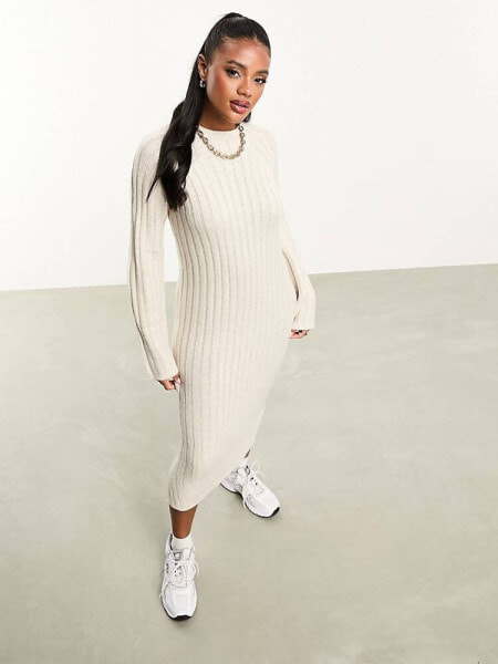 Threadbare Aubrey high neck ribbed midi jumper dress in oatmeal