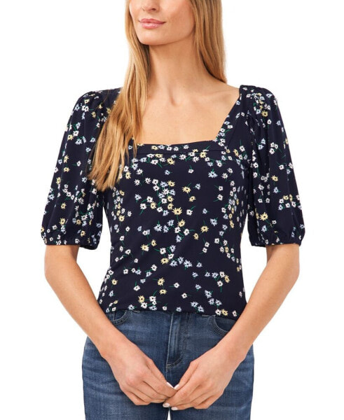 Women's Floral Square-Neck Puff-Sleeve Knit Top