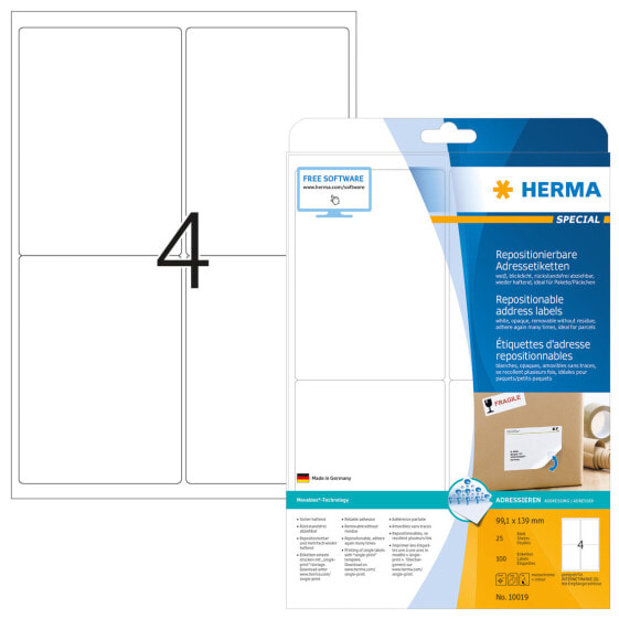 HERMA Repositionable address labels A4 99.1x139 mm white Movables paper matt 100 pcs. - White - Paper - Laser/Inkjet - Matte - Removable - Rounded rectangle