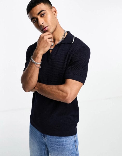 GANT open neck cotton texture knit polo in evening blue