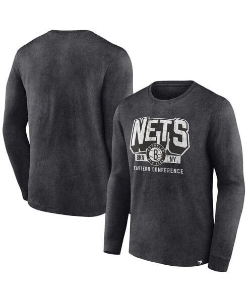 Men's Heather Charcoal Distressed Brooklyn Nets Front Court Press Snow Wash Long Sleeve T-shirt