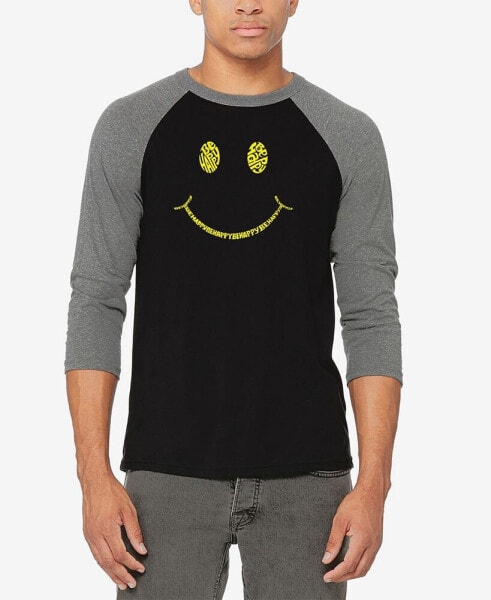Men's Raglan Baseball 3/4 Sleeve Be Happy Smiley Face Word Art T-shirt